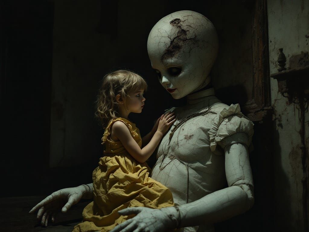 Eerie Porcelain Doll Holding Girl, Digital Art