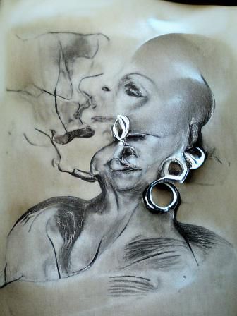 Charcoal Drawing of Bald Woman Smoking