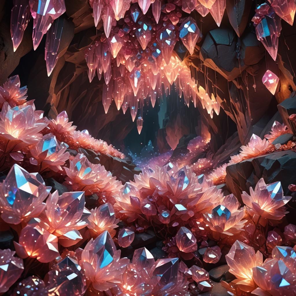 Mystical Cave of Rose Crystals in Fantasy Style
