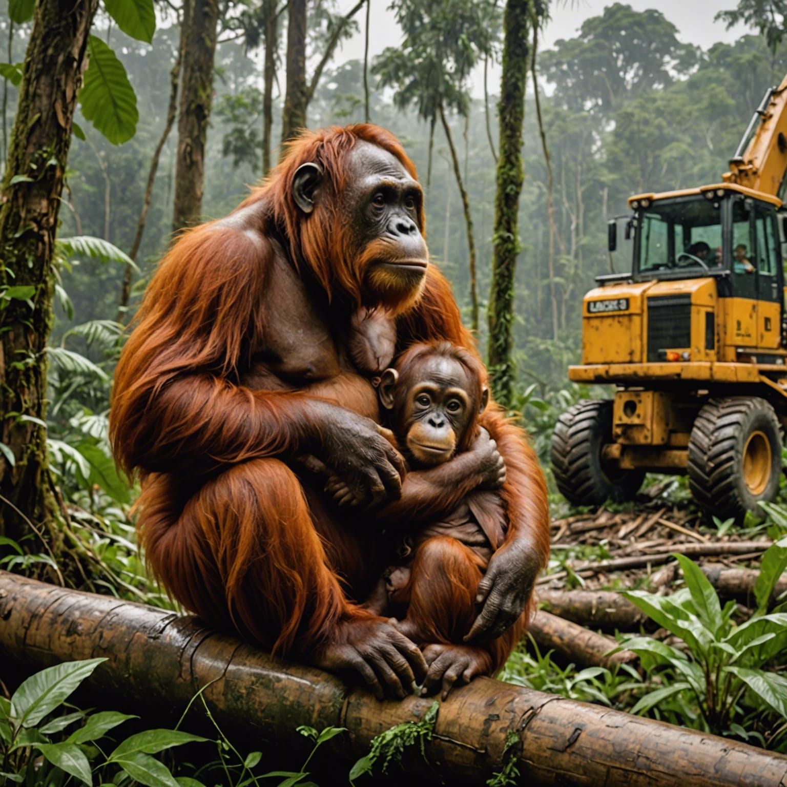 Orangutan Family Witnessing Habitat Destruction