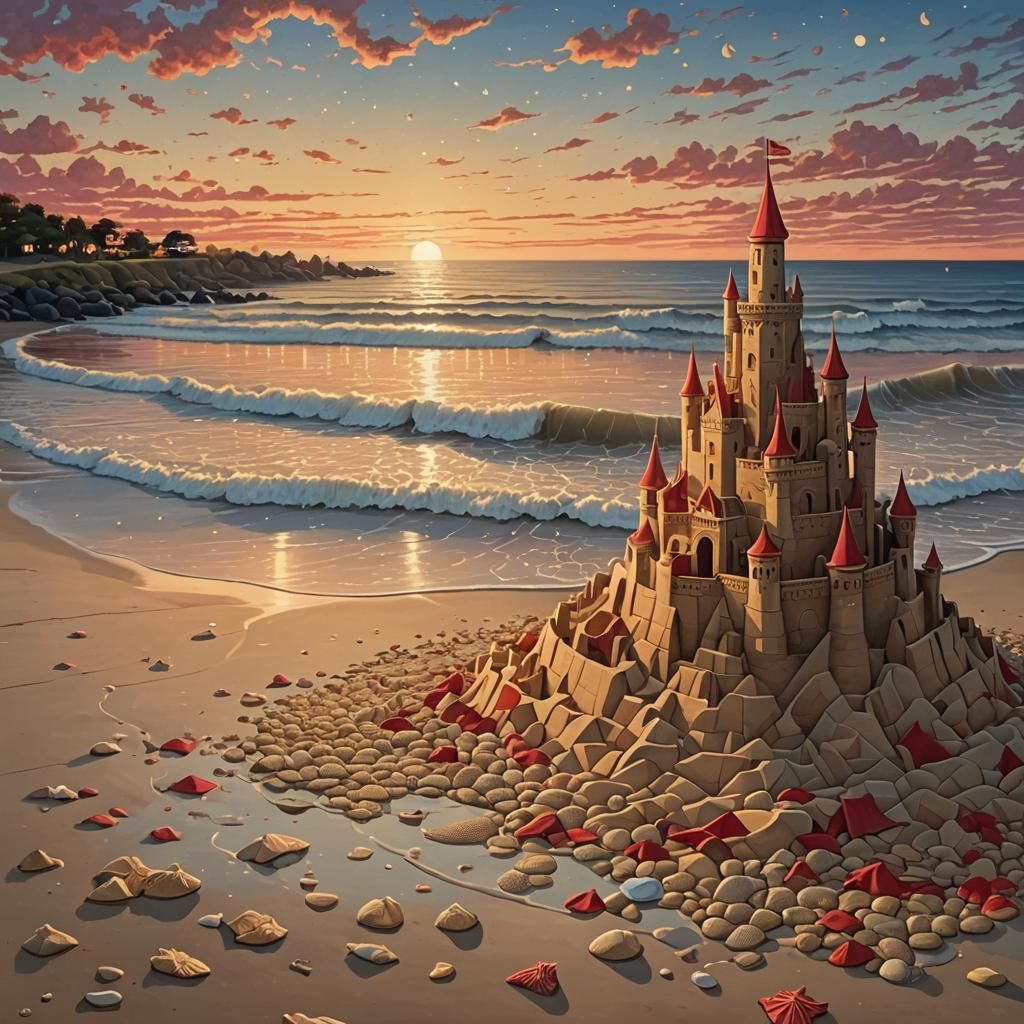 Tranquil Twilight Beach Scene with Sandcastle