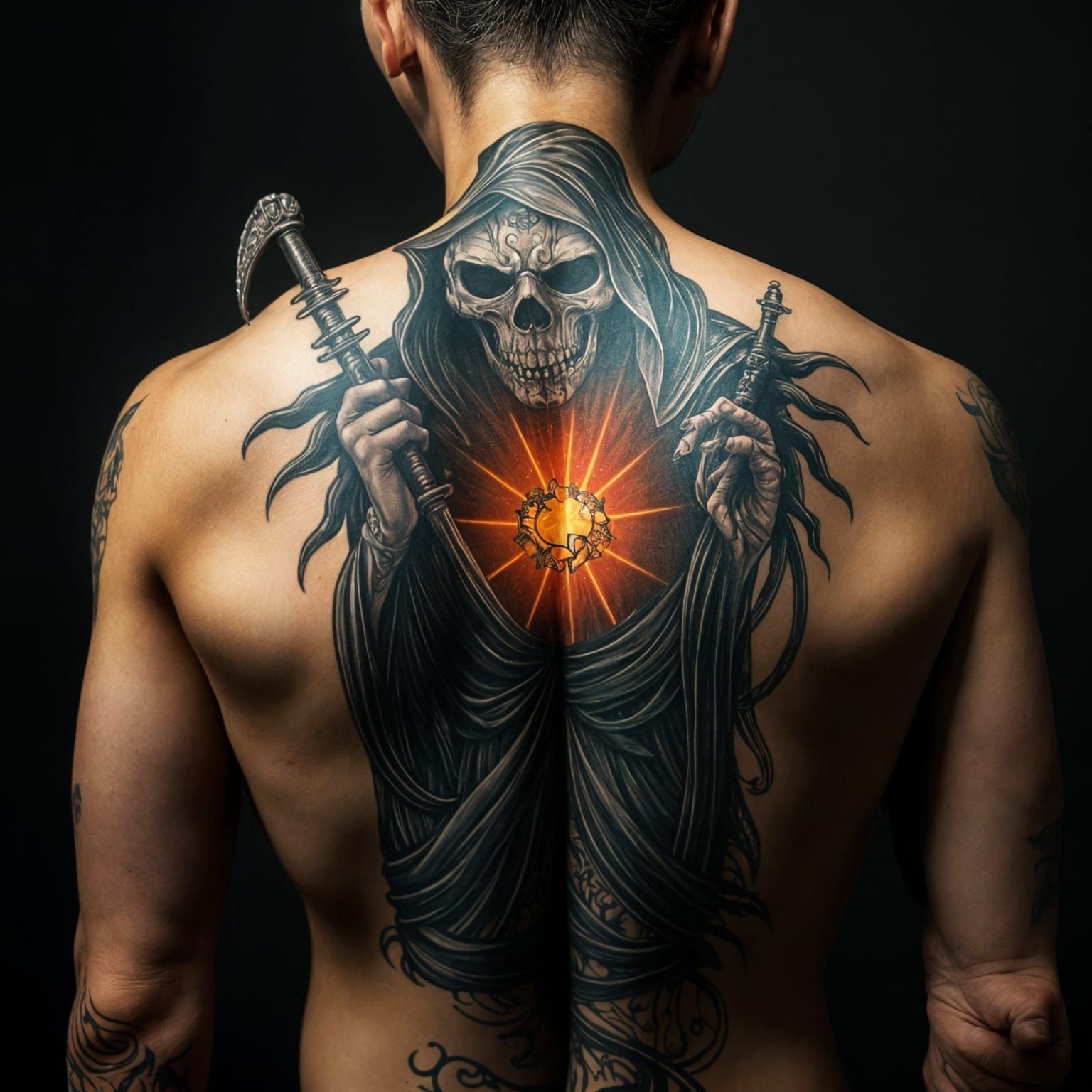 The back of a yakuza, tattoo of a tarot death card where the ethereal Grim Reaper is ripping out of the skin of the back...