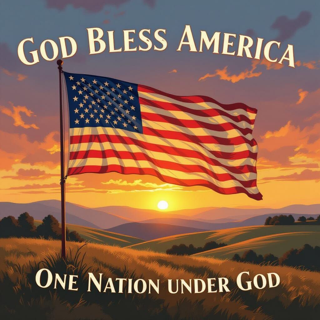 Majestic American Flag at Sunset in Painterly Style