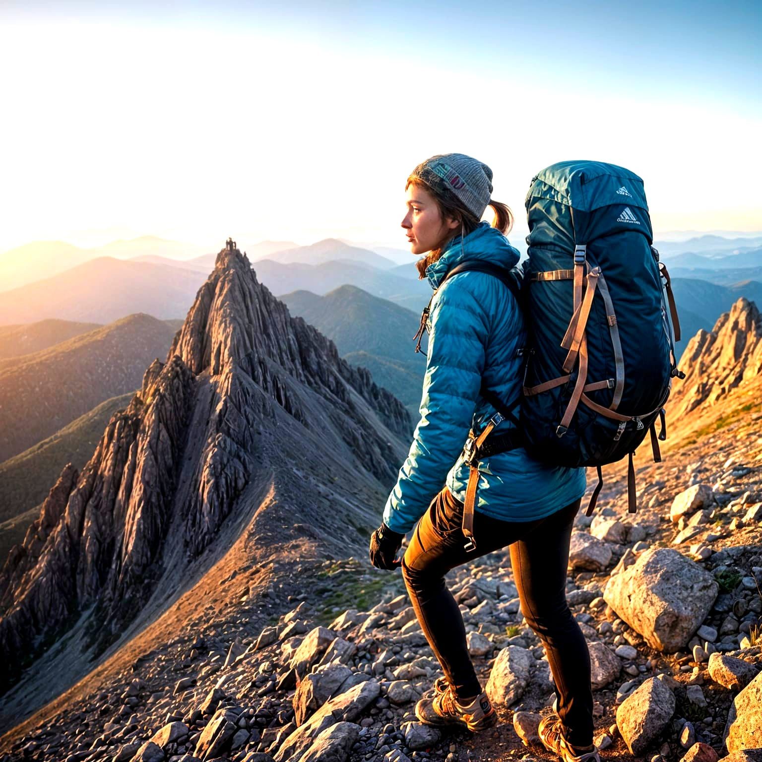 Woman Climbs Mountain at Sunrise: Hyperrealistic Photo