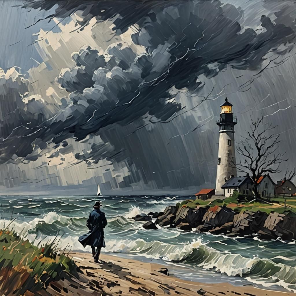 Impressionist Seascape Sketch of Stormy Coastline