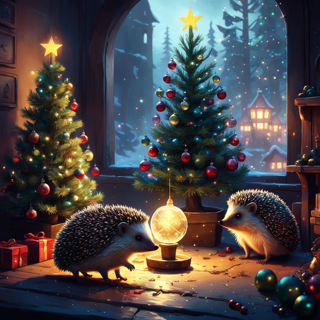 Whimsical Hedgehog Christmas Gathering with Glowing Ornament...