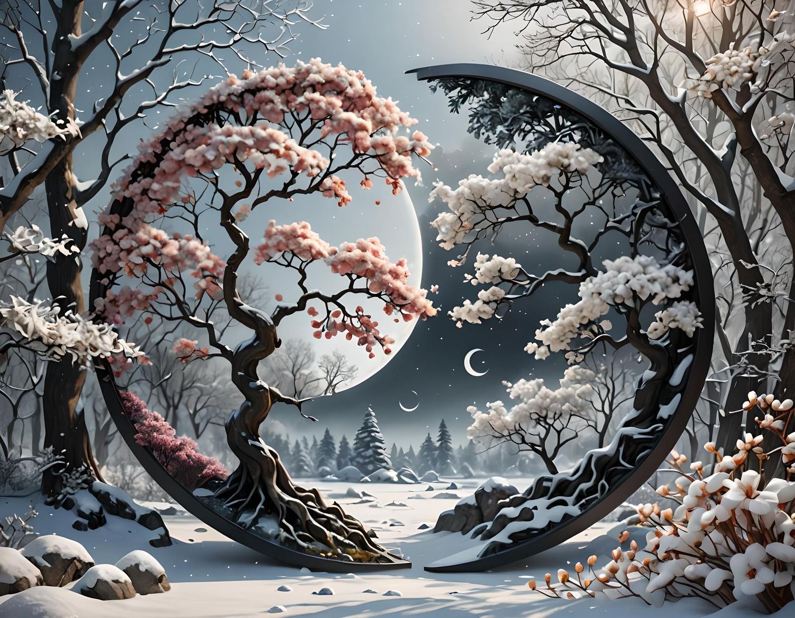 yin and yang.  half flowers and trees, half winter and springtime.