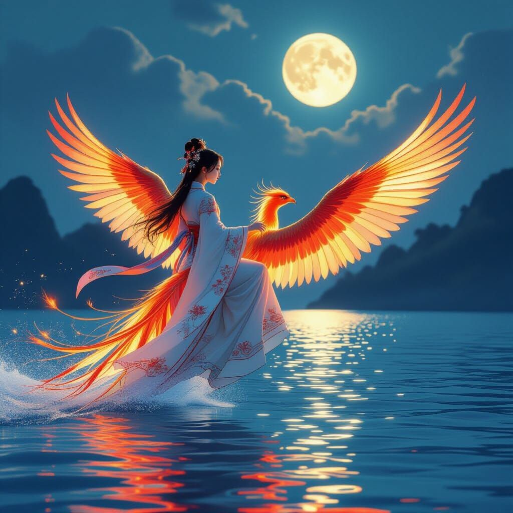 Girl on Phoenix Dive in Realistic Digital Art