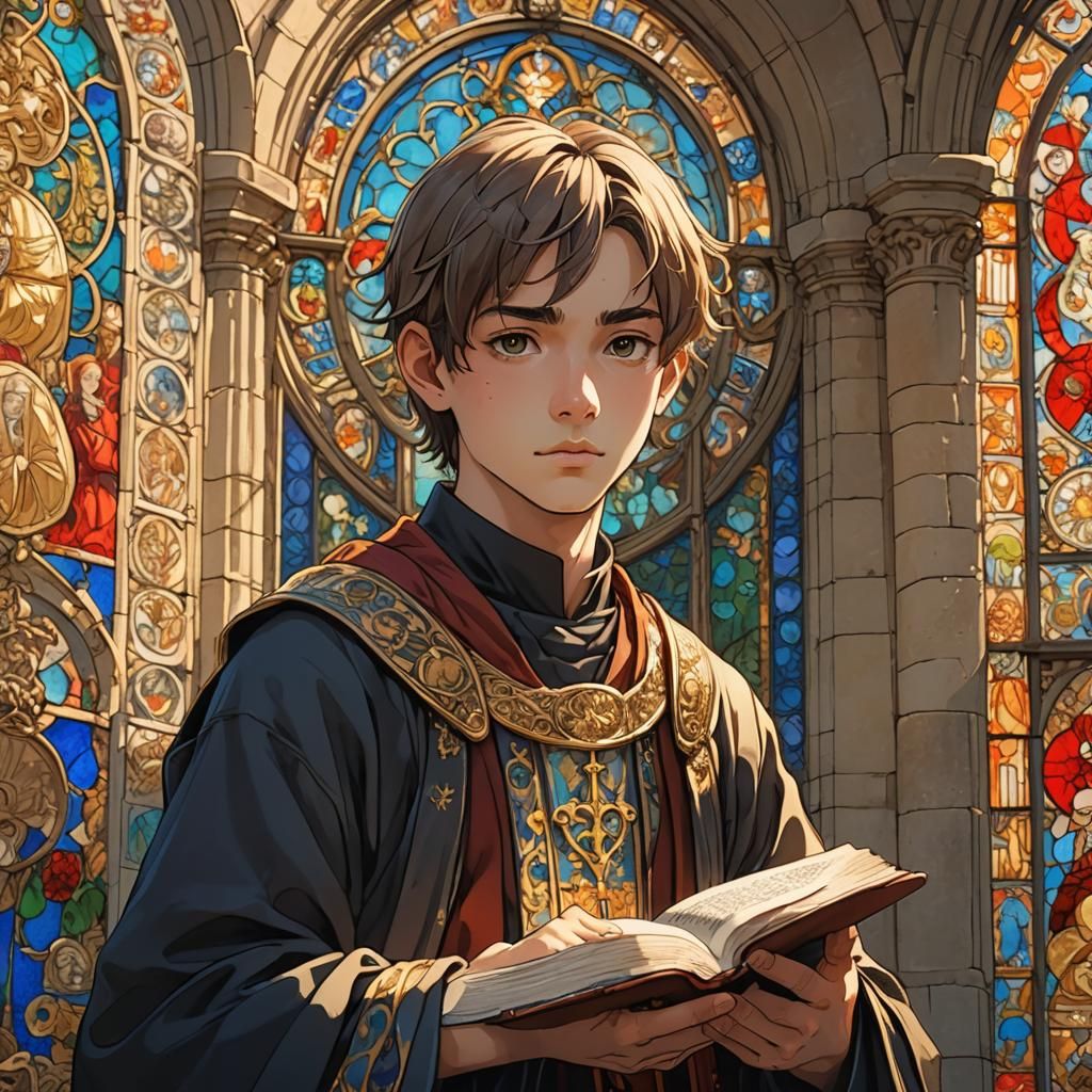 French Monk Copying Bible in Manga Style