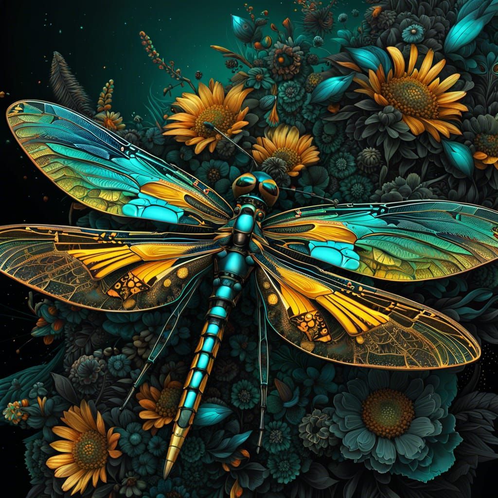Cyberpunk Floral Dragonfly Digital Illustration