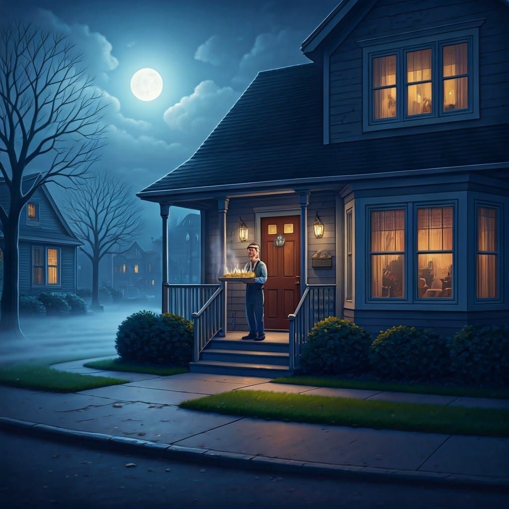 Whimsical Suburban Scene with Full Moonlight and Candles