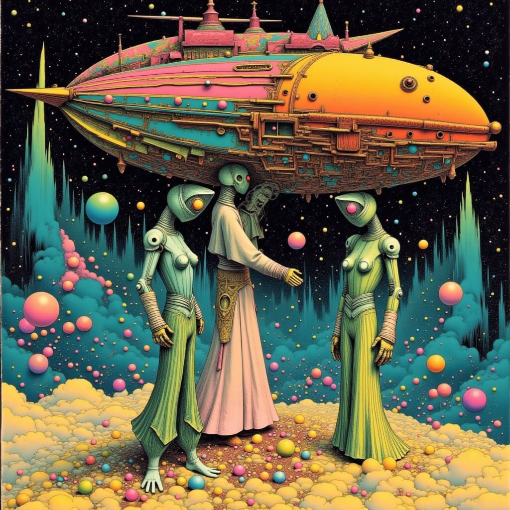 Psychedelic Robots Explore Earth: Moebius Sci-Fi Cover