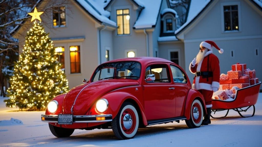 Santa's Futuristic Red VW Beetle Electric Van in Winter Wond...