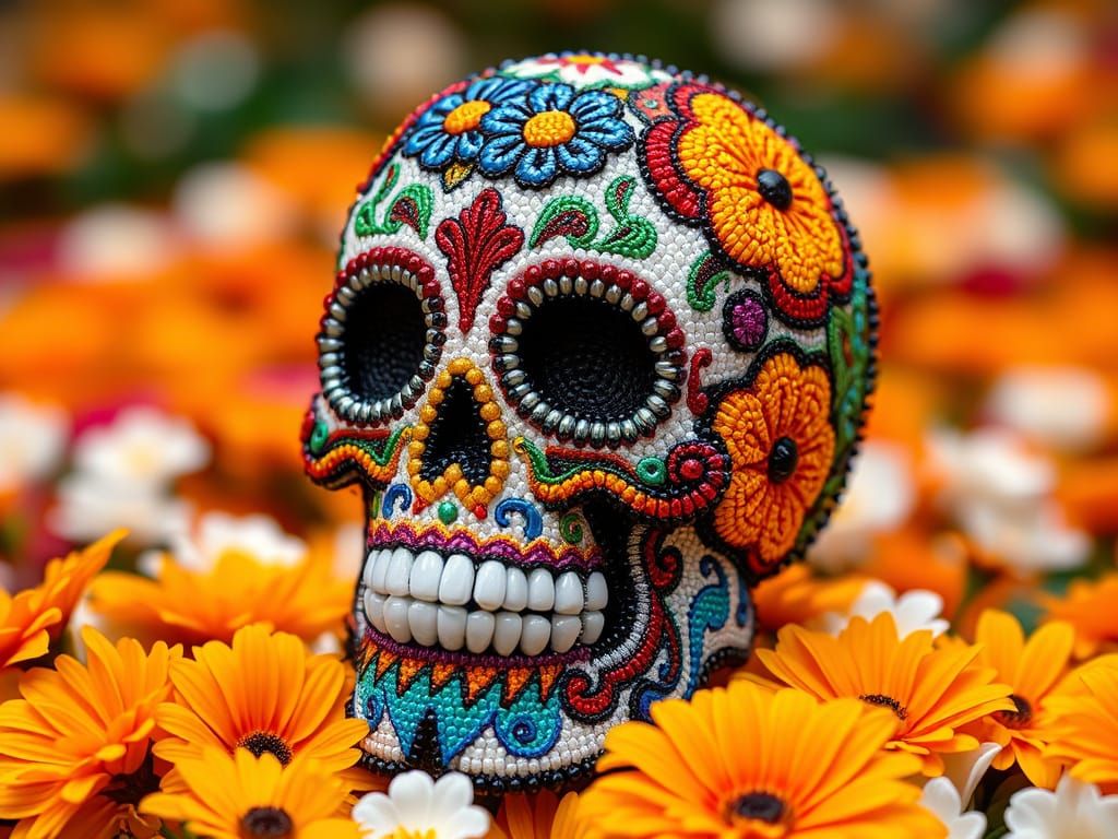 Intricate Beaded Sugar Skull on Marigolds