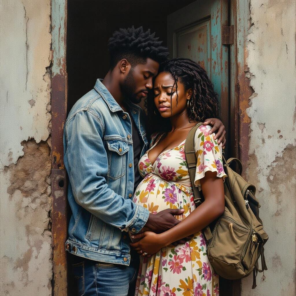 Young Couple Embraces in Slum, Reflecting Hope and Despair