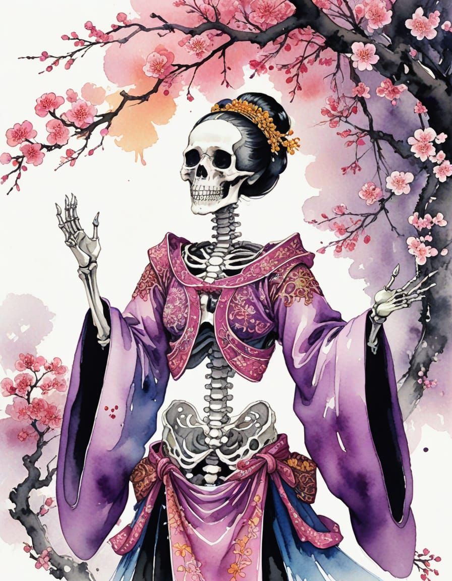 Skeleton in Chinese Robe with Plum Blossoms, Watercolor Fant...