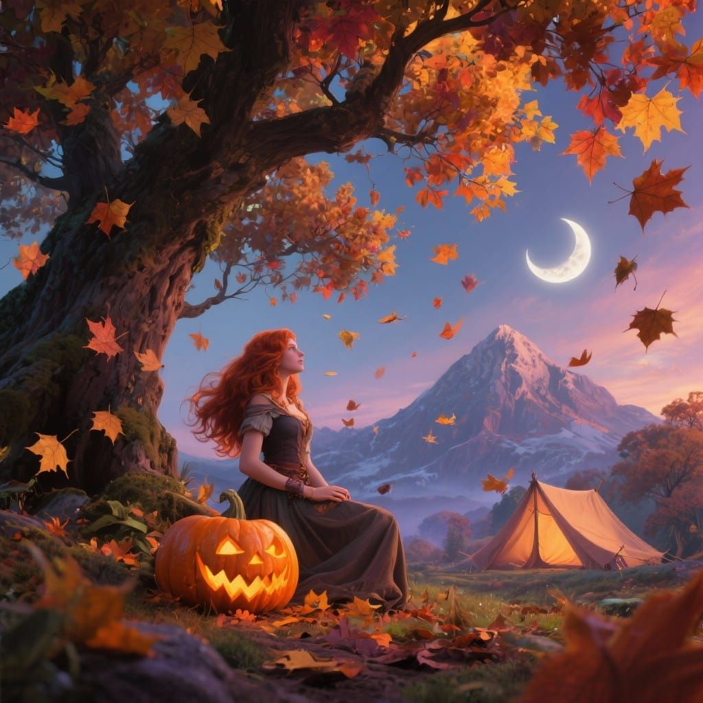 Autumn Leaves and Woman in Mountain Landscape