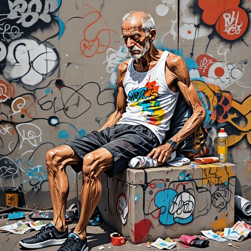 Skinny Old Man Sleeping in Graffiti Art Style