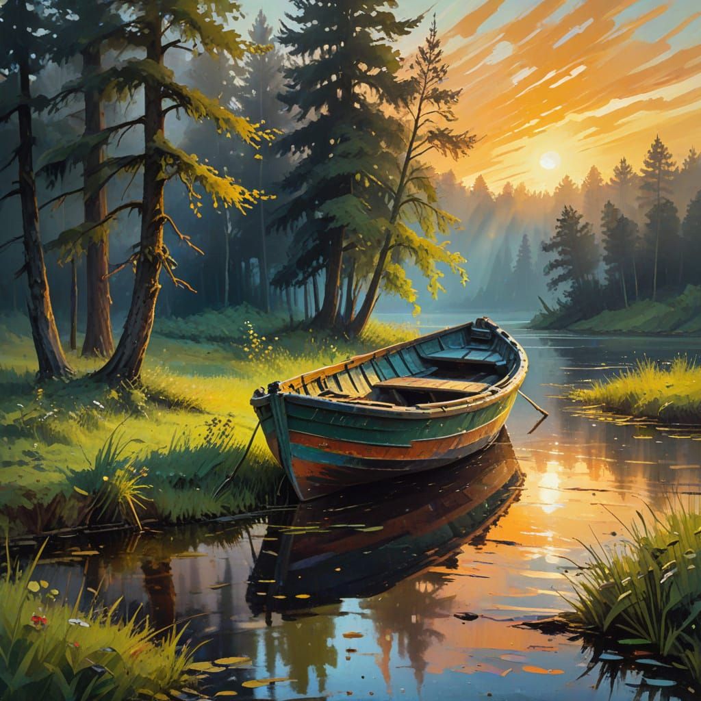 Impressionist Painting of Abandoned Boat in Moonlight