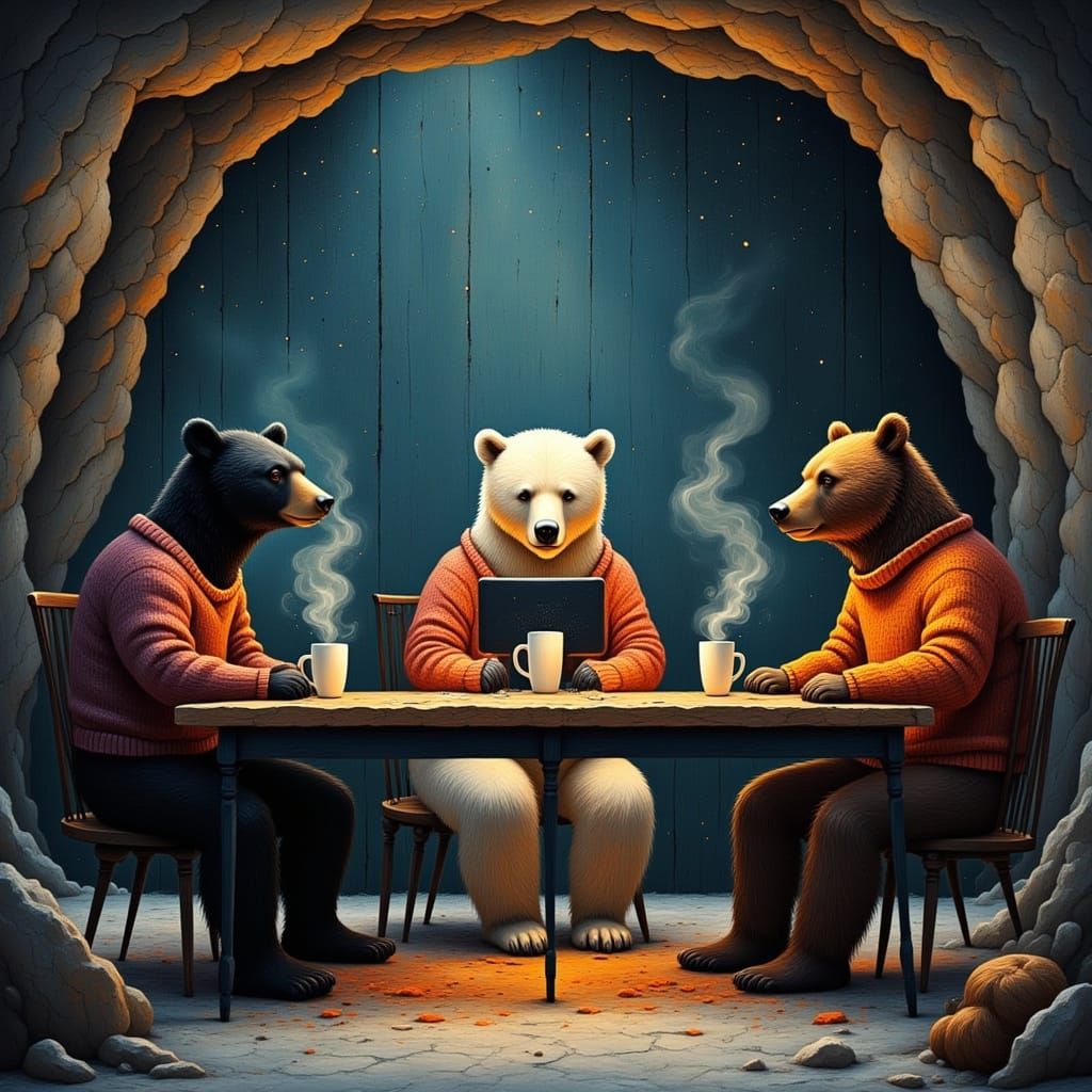 Bears Working on AI Art in Cozy Cave