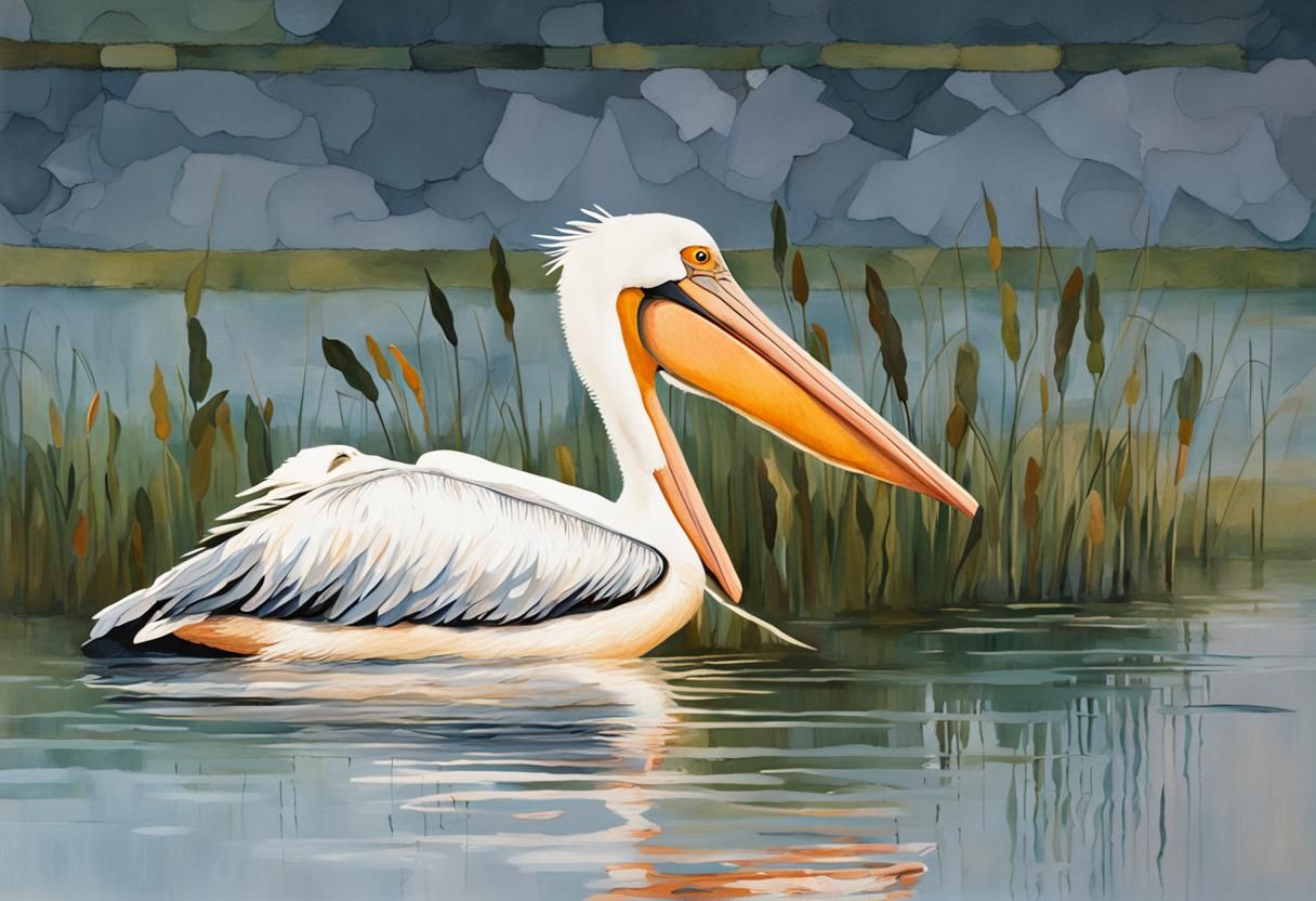 Abstract Pelican on Lake in Cool Colors