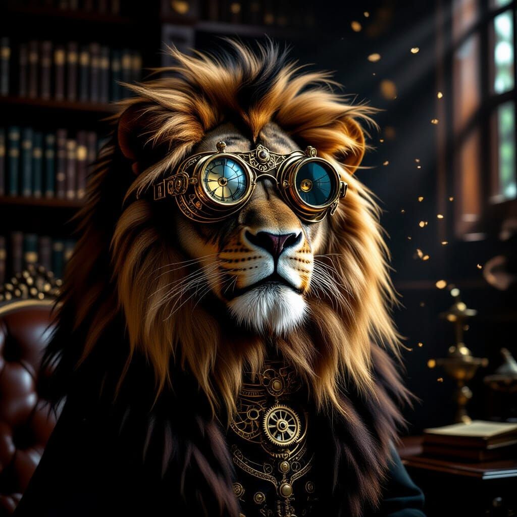 Majestic Lion with Clockwork Mane in Victorian Study