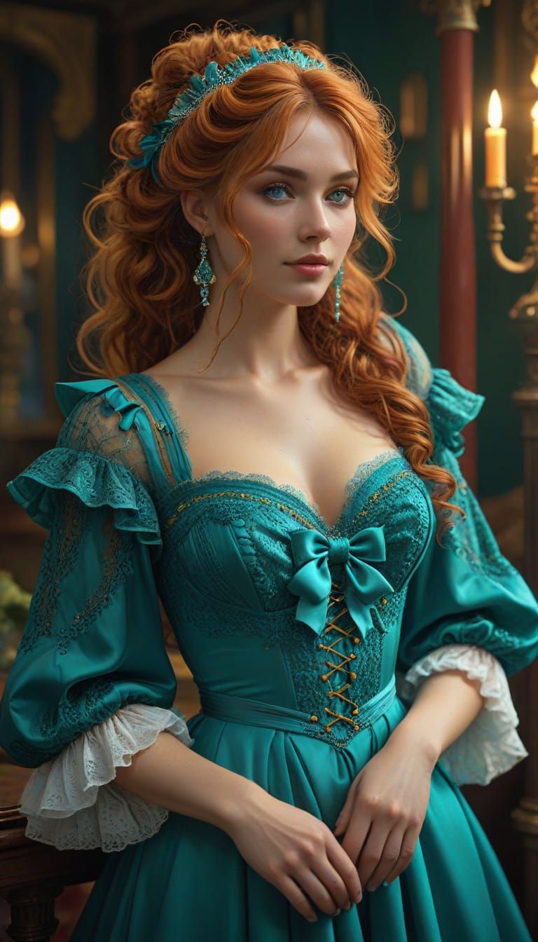Elegant Countess in Emerald Gown with Goldenrod Hair