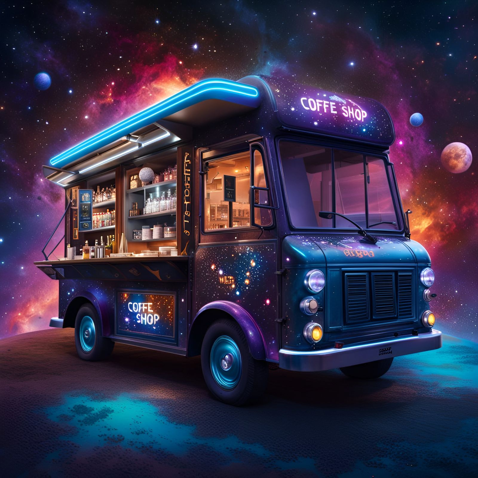 Cosmic Coffee Truck in a Galaxy, Hyperrealistic Art