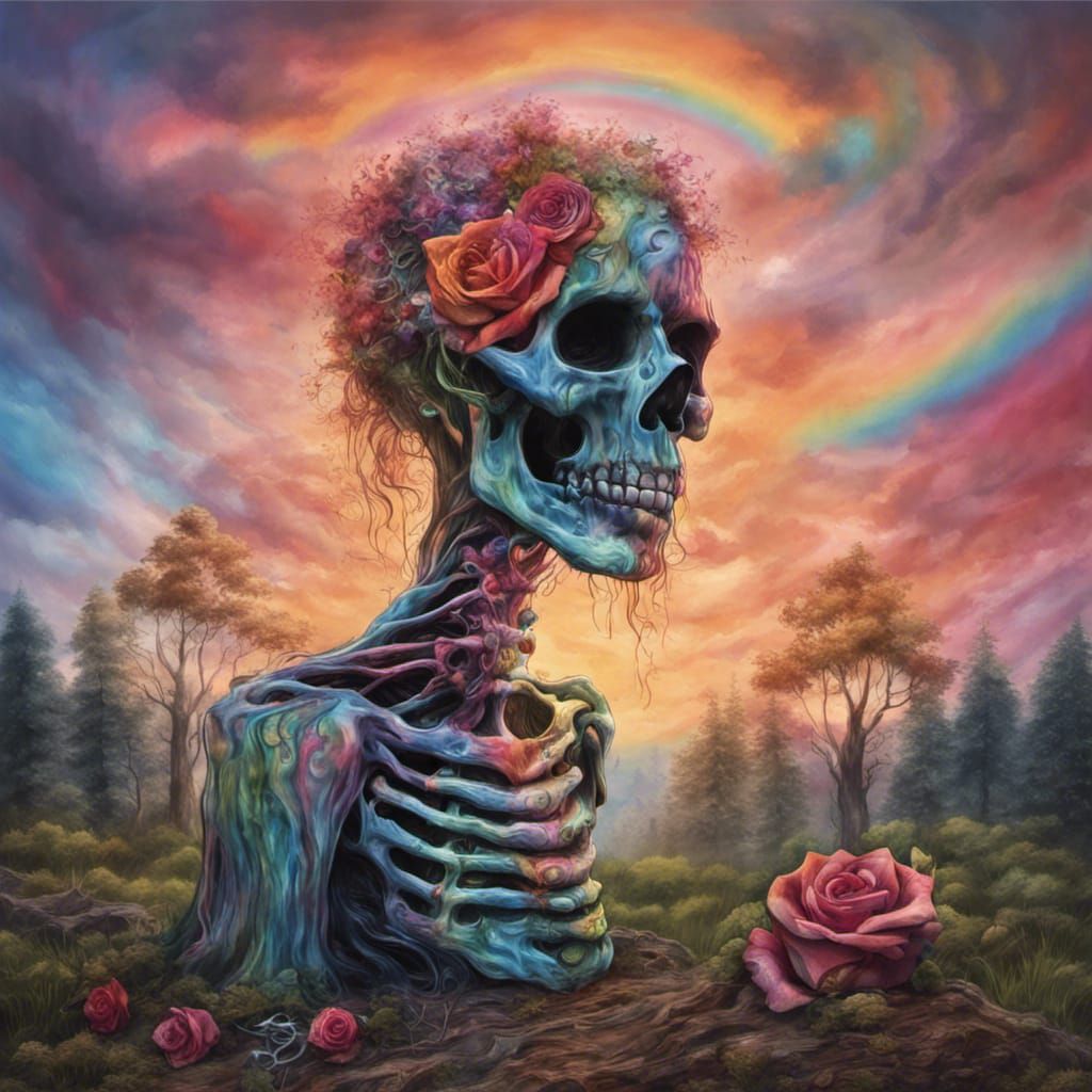 Psychedelic Skeletal Figure in a Rainbow Landscape