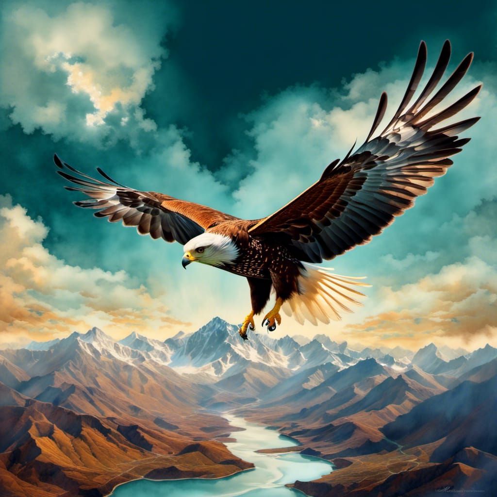 Fantasy Double Exposure Watercolor Landscape with Hawk