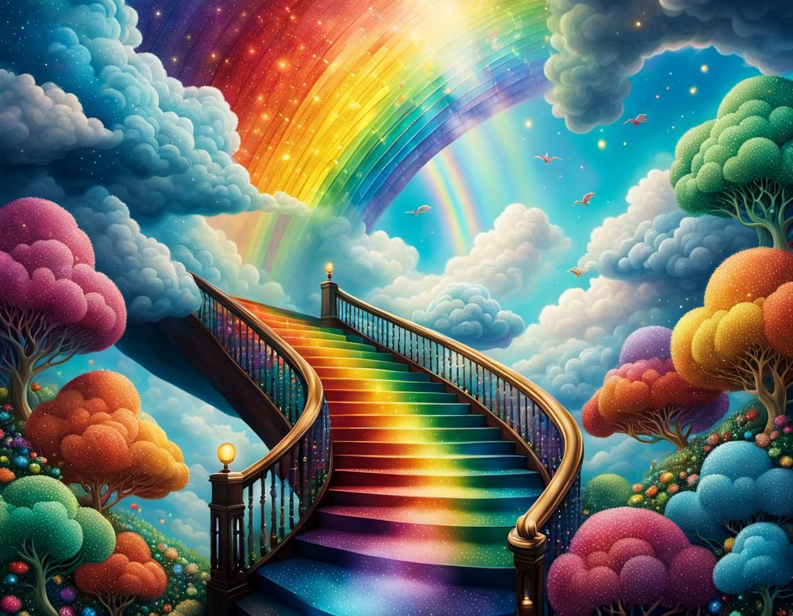 Rainbow Stairway Ascending to Sky in Surreal Fantasy