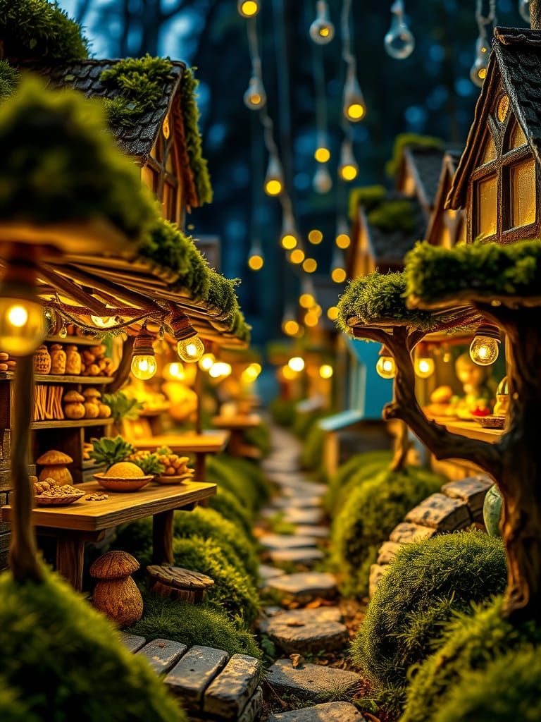 Fairy Market at Night, Illuminated by Fireflies