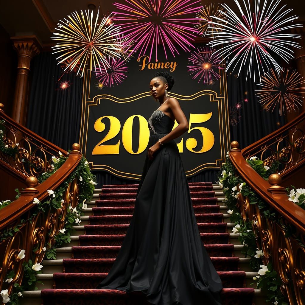 Glamorous Black Woman Ascends Futuristic Stairway to 2025