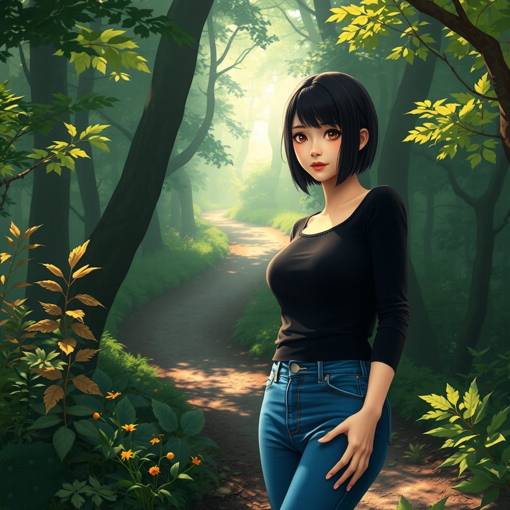 Anime Woman in Forest Landscape with Detailed Textures and C...