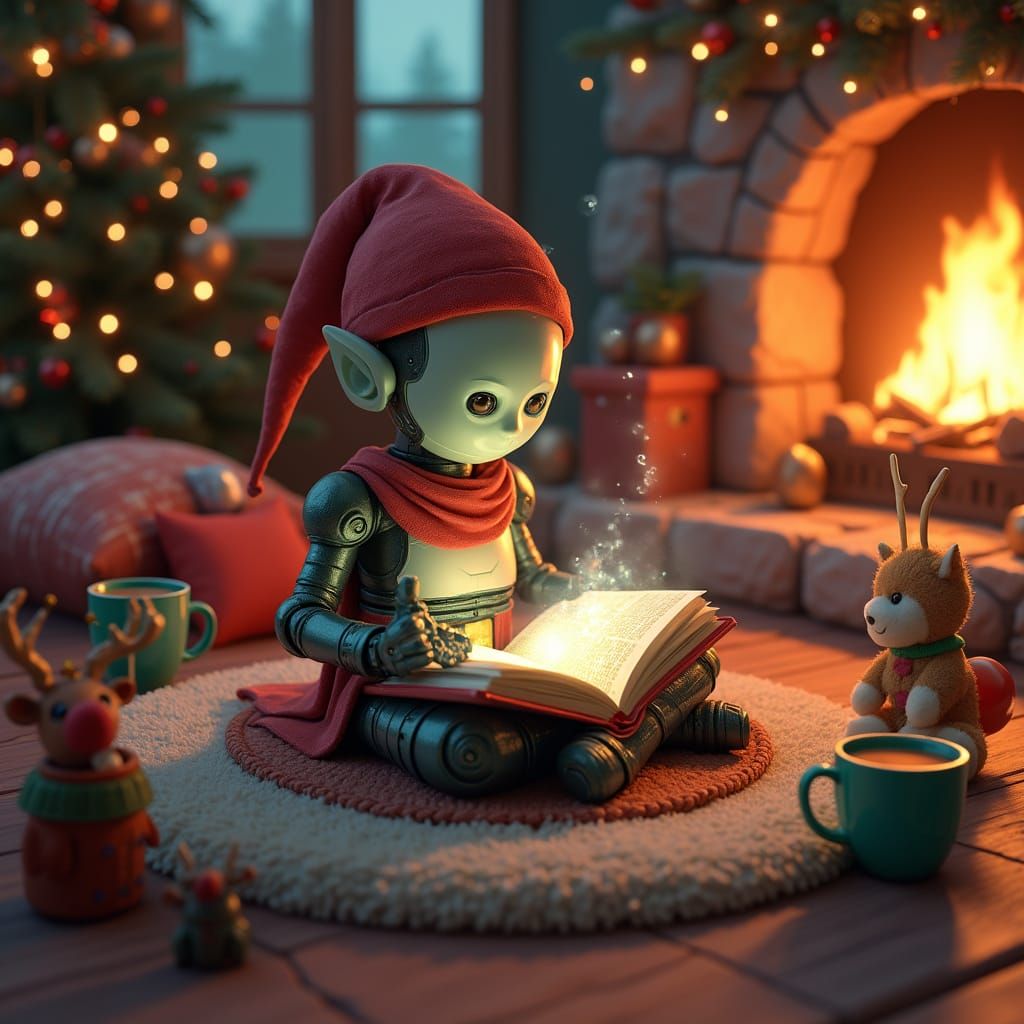 Robot Elf Reading Holographic Storybook, 3D Render