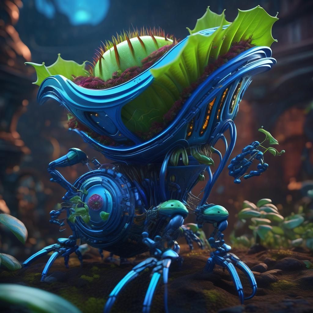 Alien Robotic Venus Flytrap in Bright Blue