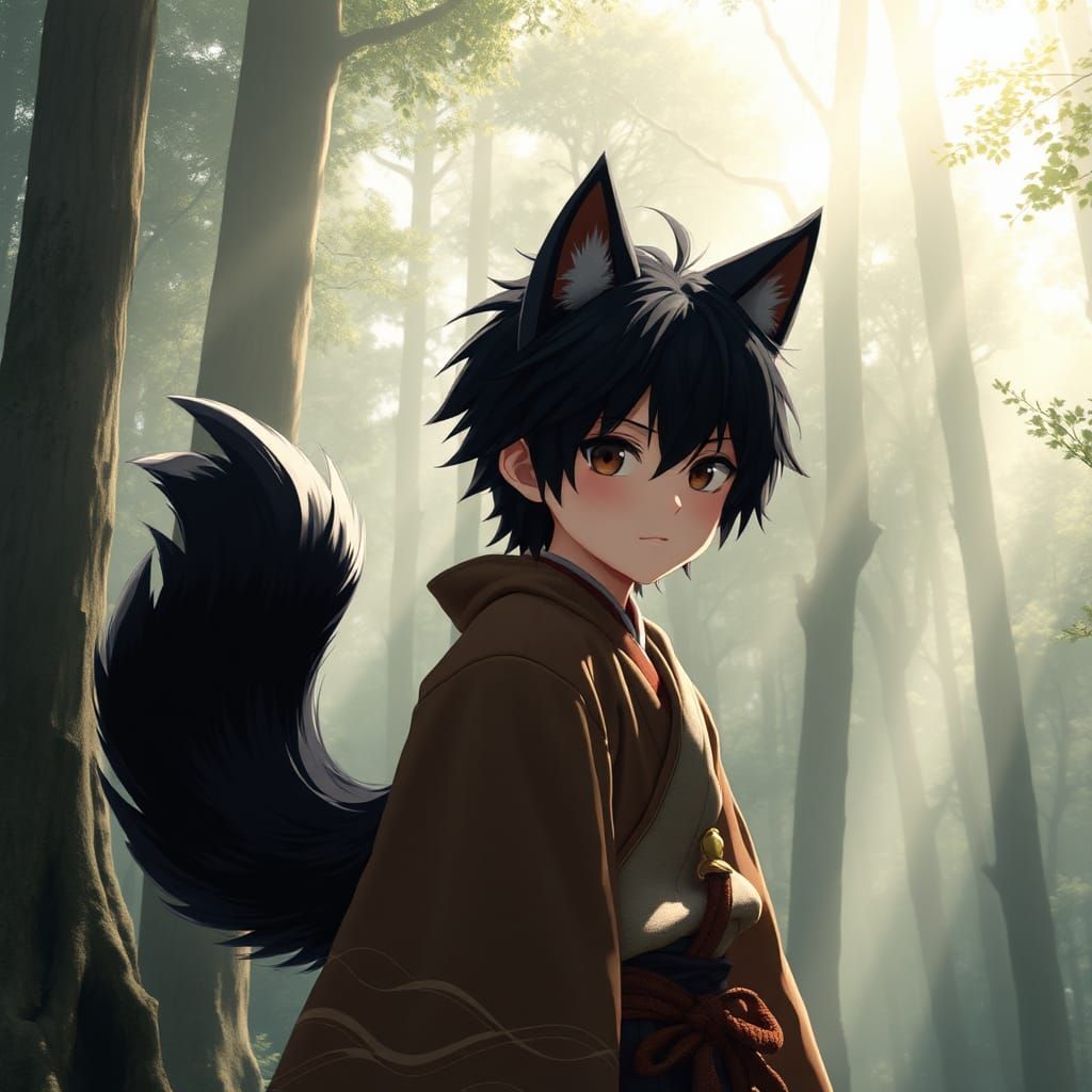Boy with Wolf Ears in Misty Forest, Anime Art