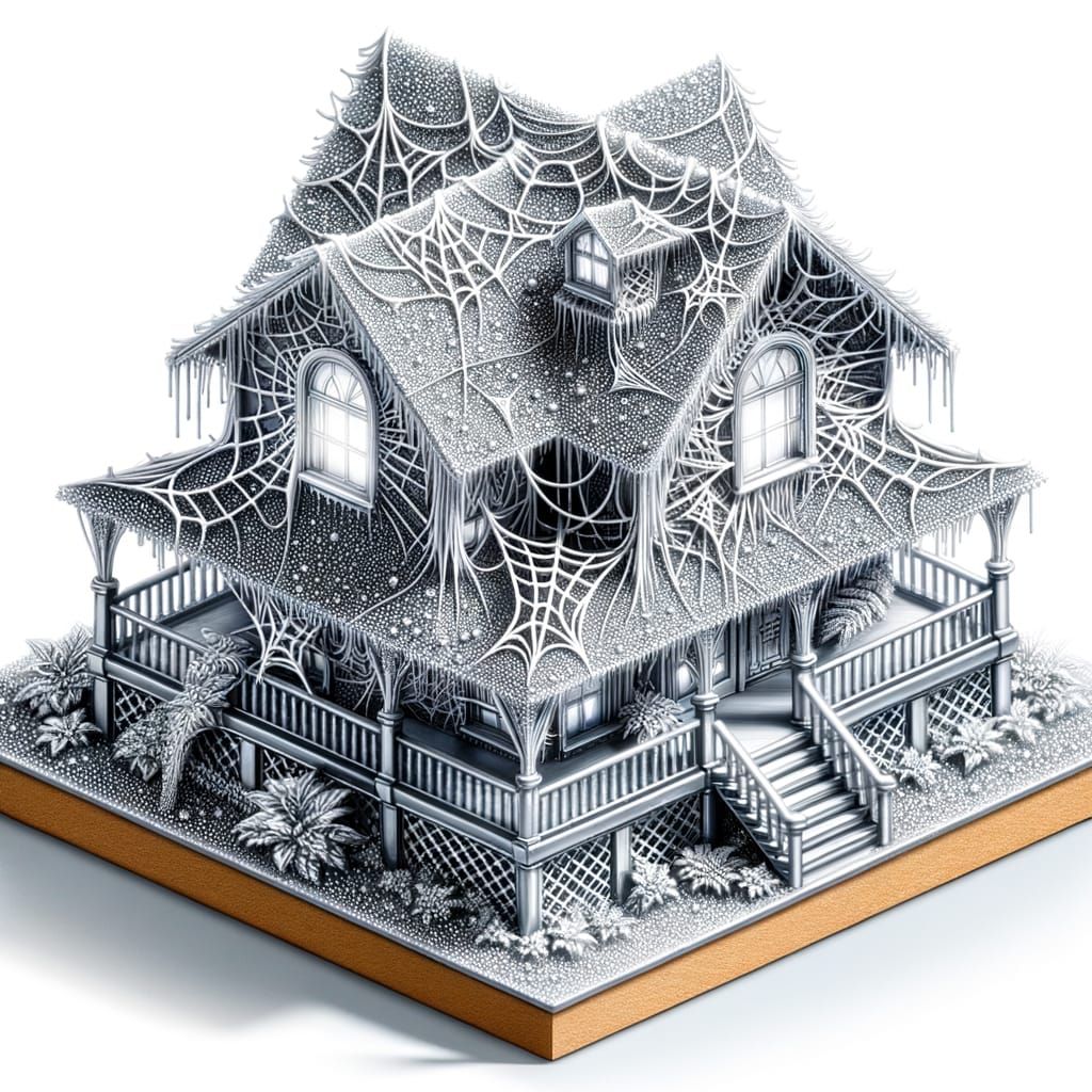 Silver House Adorned with White Cobwebs