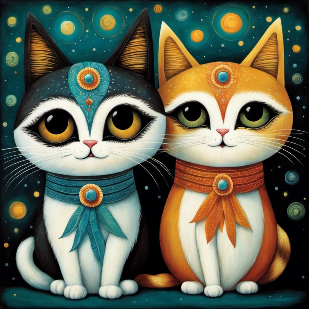 Two Happy Cats in Pop Surrealist Style