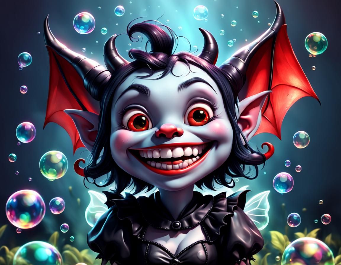 Adorable 3D Devil Fairy Cartoon with Bubbles