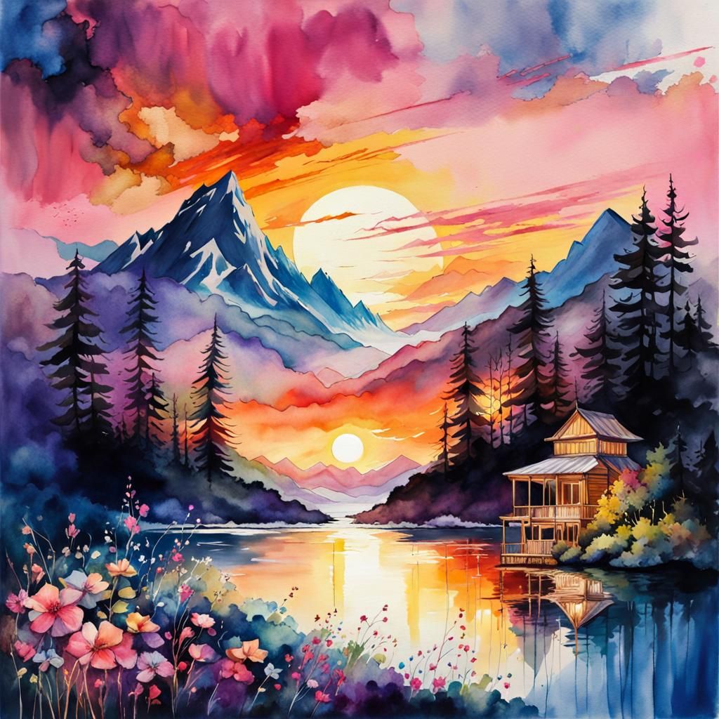 Watercolor Summerscape Sunset: Double Exposure Illustration