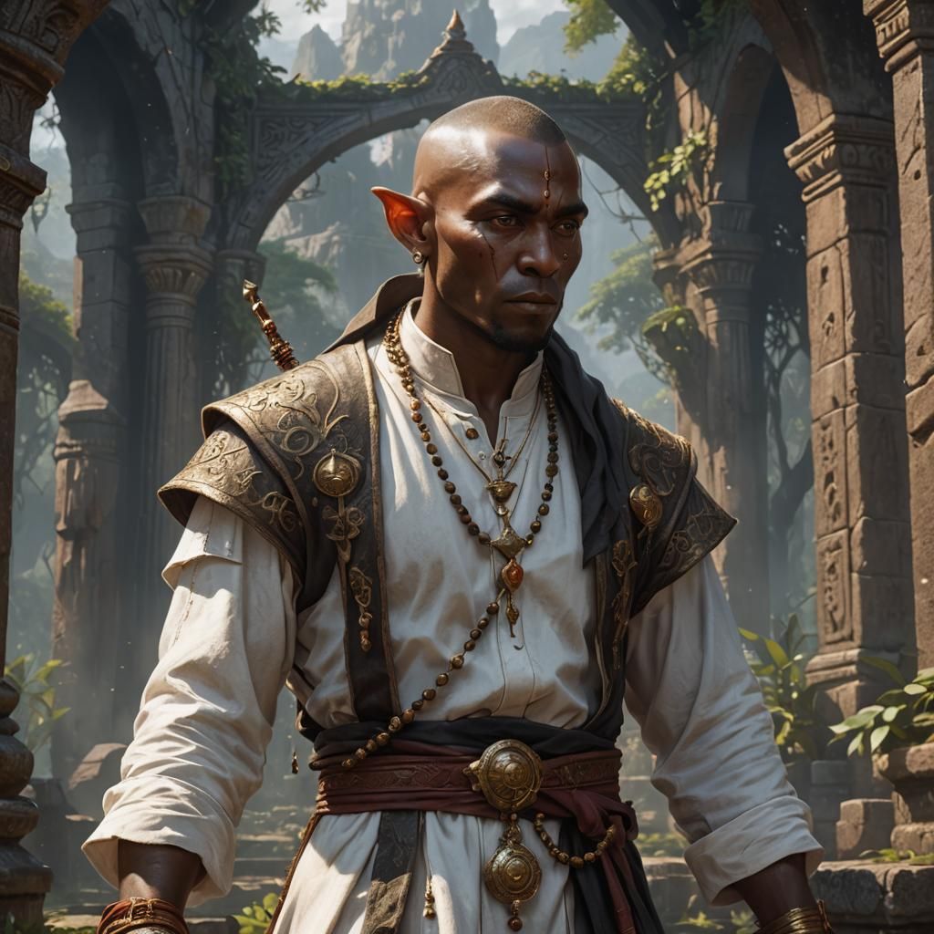 Half-Elf Monk Noble with Quarterstaff, Detailed Matte Painti...