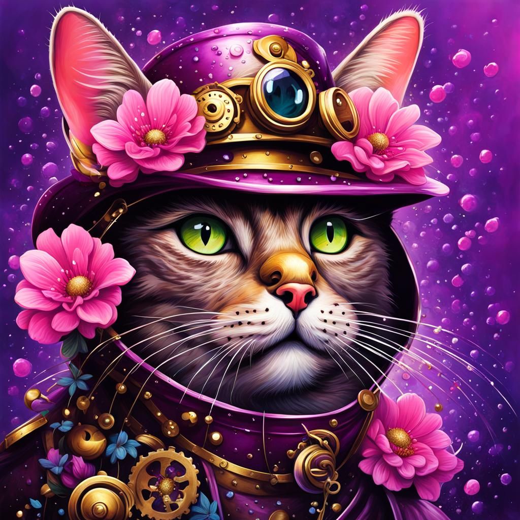 Steampunk Cat in Graffiti Art with Pink Mist