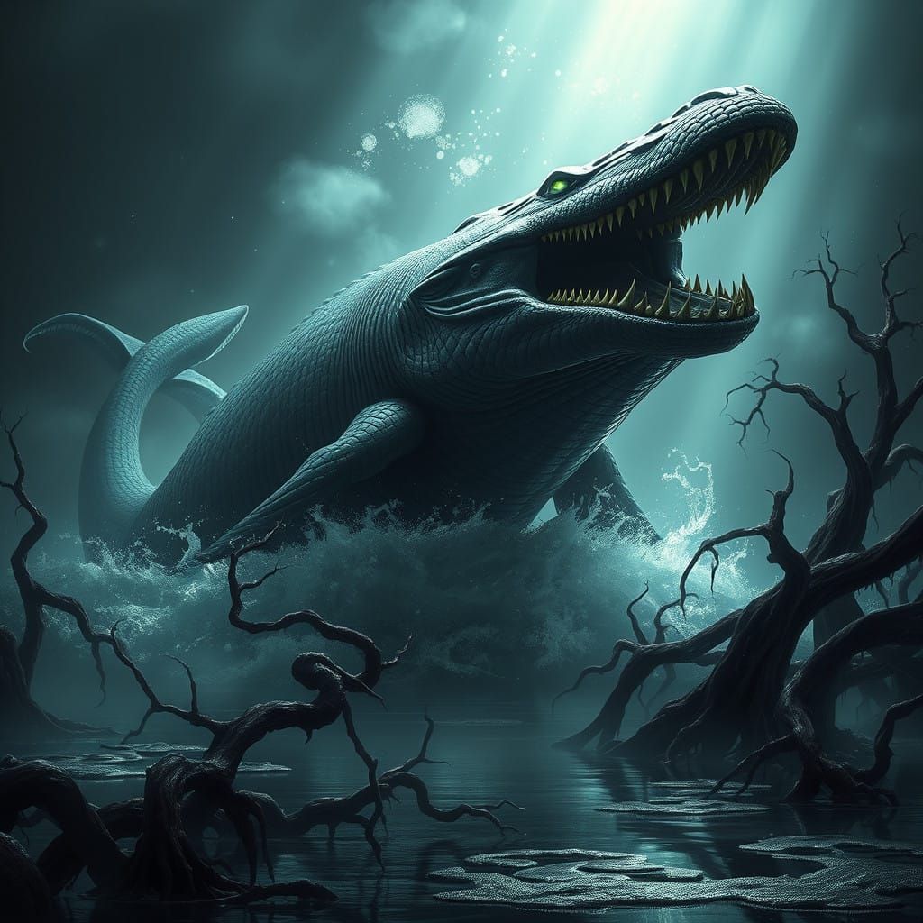 Cyberpunk Leviathan Emerges from Primordial Depths