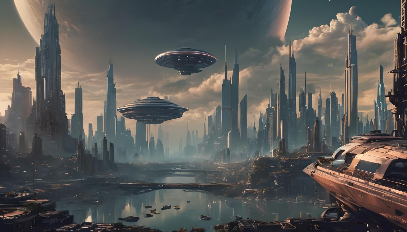 Skyline of an incredible dystopian science-fiction city with...