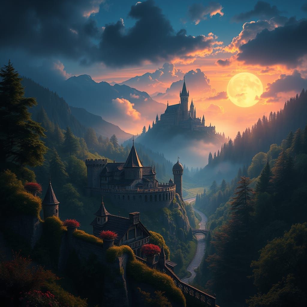 Majestic Valley Village Under Twilight