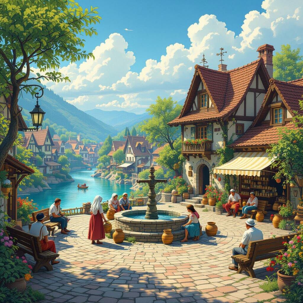 Serene Village Square with River in Nature, Whimsical Style