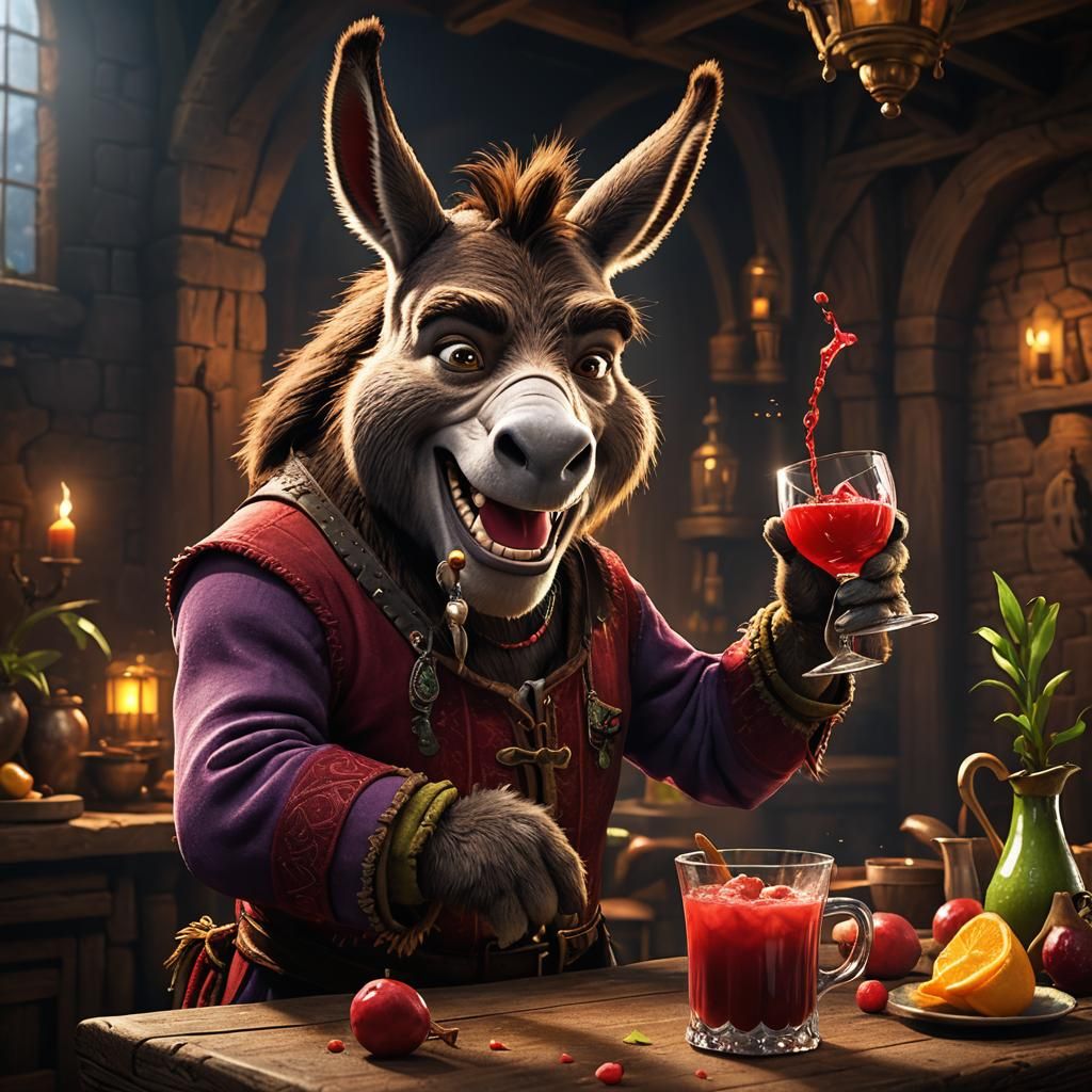 Donkey from Shrek Pouring Punch: Detailed Matte Painting