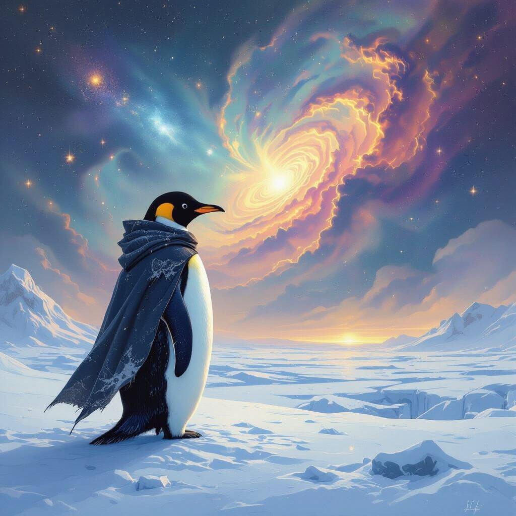 Penguin in Anbu Mask Gazing at Cosmic Nebula