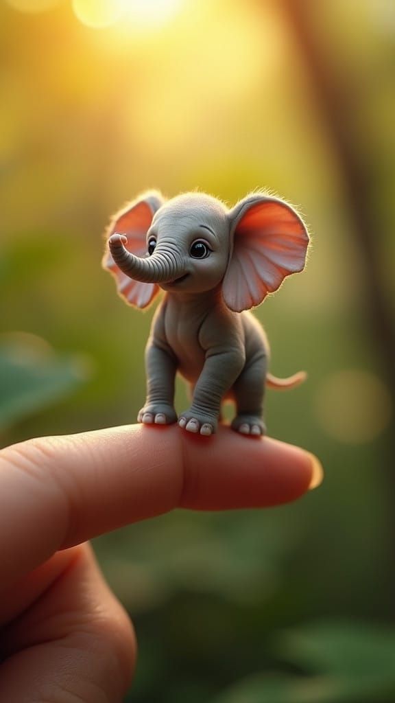 Tiny Baby Elephant on Human Fingertip in Whimsical Fantasy S...